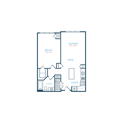 Floor plan for 1 bed, 1 bath, 803 sqft
